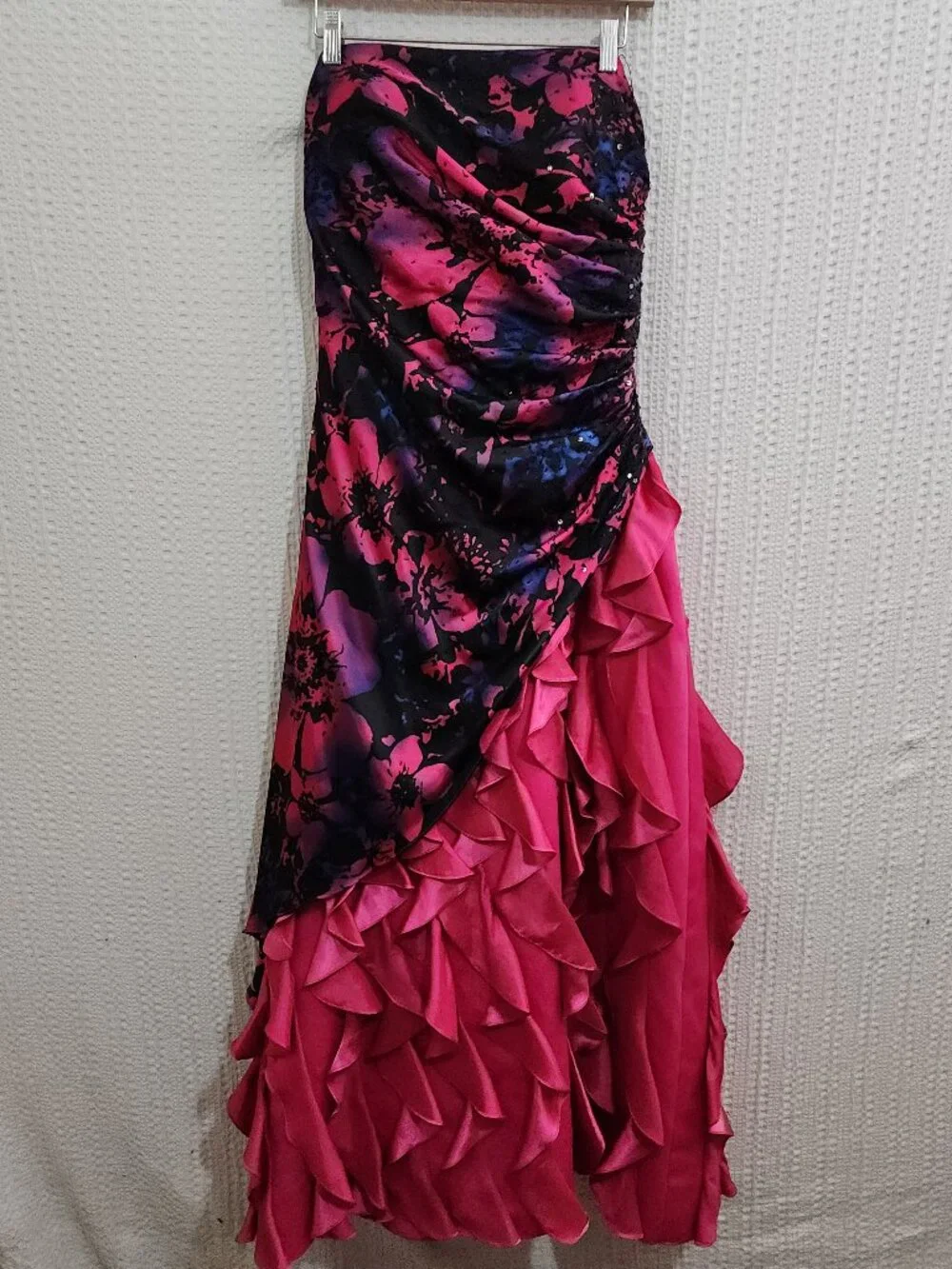 Y2K Strapless Ruffle Prom Dress Floral Black Pink Lizzie McGuire Vibe Size 13/14 - Picture 2 of 15